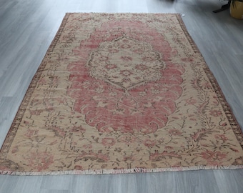 Vintage Oushak Rug, 5x7 Pale Pink Medallion, Wool Turkish Carpet