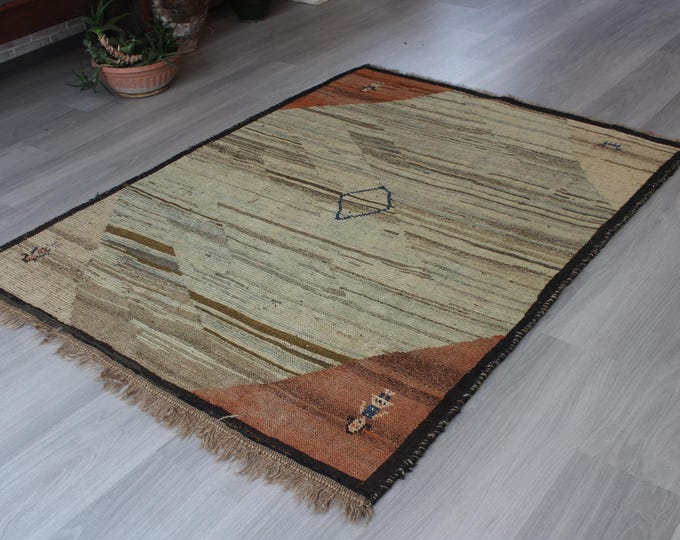 Beige Gabbe Rug, Vintage Piled Handwoven Wool Rug / B-1883 / 4'x5'2''