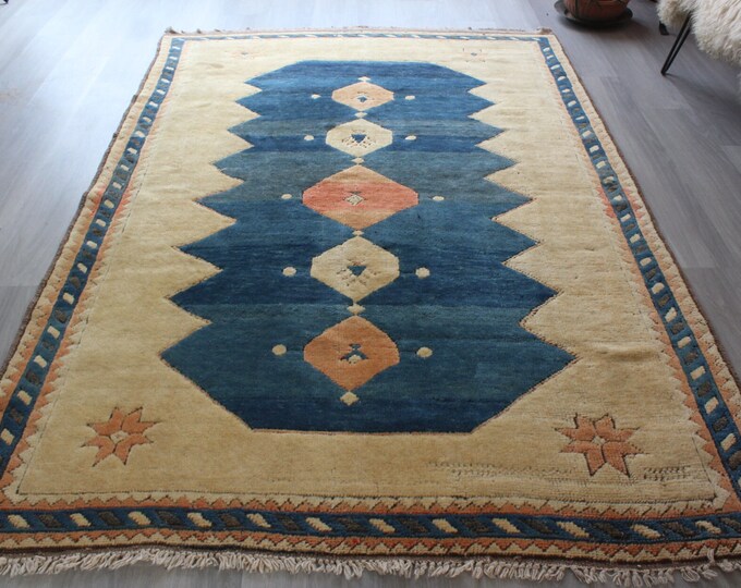 Cream-Blue Rug, Vintage Anatolian Rug, Modern Design Rug, Modern Wool Rug / B-1752 / 5'3"x8'2"