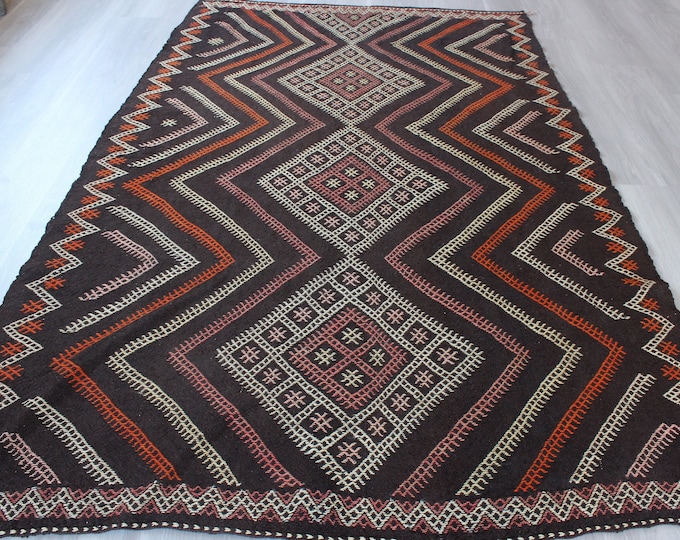 5'7"x9' , Vintage Brown Kilim Rug, ethnic brown kilim rug , natural goat wool kilim rug, vintage anatolian kilim, turkish kilim / B-1280