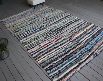 5'3"x7'9" ft Blue RAG RUG, Vintage Blue Striped Rag Rug, Ethnic Rag Rug, Bohemian Rag Rug, Traditional Turkish CHAPUT Kilim