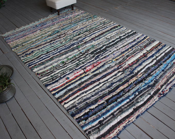 5'3"x7'9" ft Blue RAG RUG, Vintage Blue Striped Rag Rug, Ethnic Rag Rug, Bohemian Rag Rug, Traditional Turkish CHAPUT Kilim