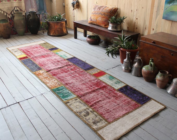 2'7"x9'3" Patchwork Kilim Runner,Low Pile Distressed Rug Runner,Bohemian Carpet Runner