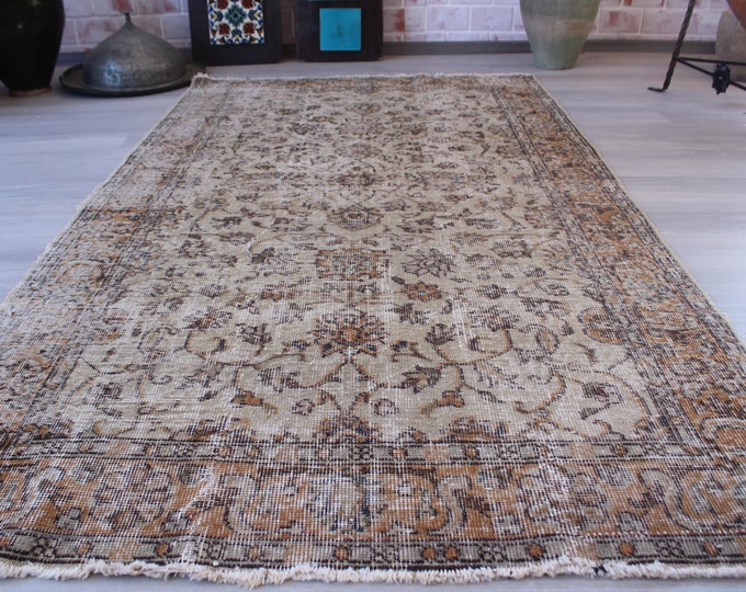 3'8"x6'7" ft   Vintage Oushak Rug, Vintage Turkish Rug, Low Piled Anatolian Rug, Handwoven Wool Rug