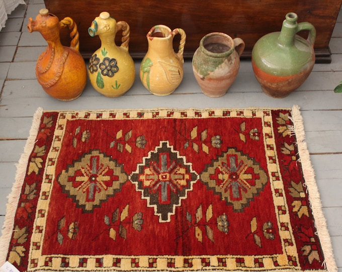 1'8"x3'5" Red Vintage Small Turkish Carpet,Tribal,Ethnic,Traditional,Rustic Handwoven Small Wool  Rug small oushak carpet rug