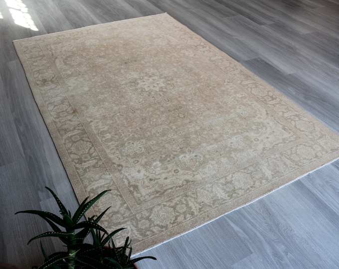 Mute Oushak Rug, Pale Beige Rug, Vintage Beige Rug, Vintage Turkish Rug / B-1730 /  4'1"x6'2"