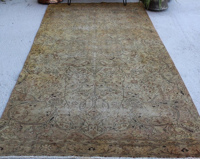 4'5"x9'7" ft  Vintage Oushak Rug, Distressed Turkish Rug, Pale Anatolian Rug, Low Piled Rug, Large Turkish Rug, Traditional Area Rug