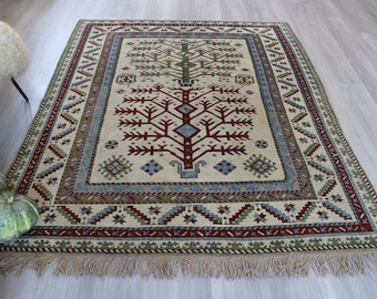 Family Tree Design Rug, Ethnic Area Rug, Tribal Wool Rug, Vintage Handwoven Rug, Bohemian Rug , Vintage Beige Rug ,