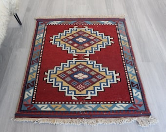 Small Vintage Rug, Small Ethnic Rug, Bohemian Small Rug, Handwoven Small Wool Rug / B-1717 / 2'6"x3'3"