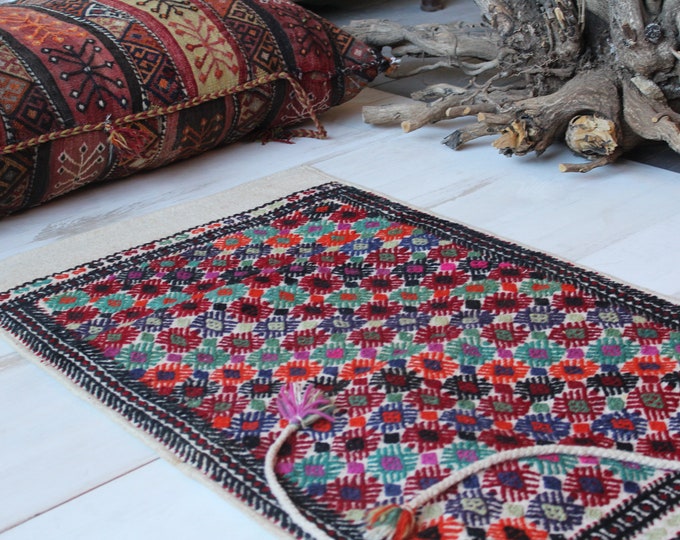 2'0"x3'5" ft Vintage Nomadic Kilim Sack, Ethnic Tribal Handwoven Wool Kilim Storage Bag, Bohemian Wool Floor Pillow -Pouf