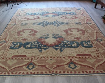 Large  Beige Rug,  Large Oushak Rug, Large Beige-Blue- Burgundy  Rug