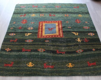 5'x5' Rugs , Ethnic Green Rug, Vintage Green Rug, Bohemian Primitive design Rug, Handwoven Wool Rug / B-1726