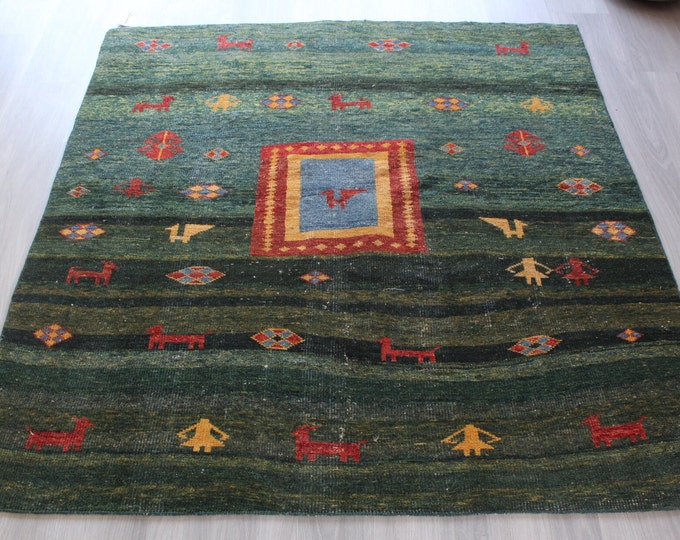 5'x5' Rugs , Ethnic Green Rug, Vintage Green Rug, Bohemian Primitive design Rug, Handwoven Wool Rug / B-1726