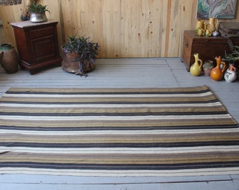 4'8"x 8'4" feet Natural Wool Striped Kilim, Beige, Gray, Black ,Ivory Bohemian Handwoven Kilim Rug