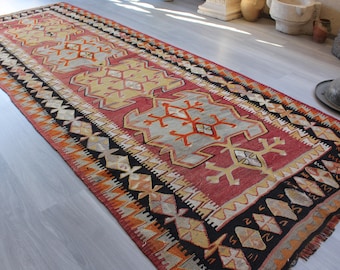 Vintage brede kelimloper, etnische brede kelimloper, vintage kelimloper, brede kelimloper 4'6" x 11'8" / K-102