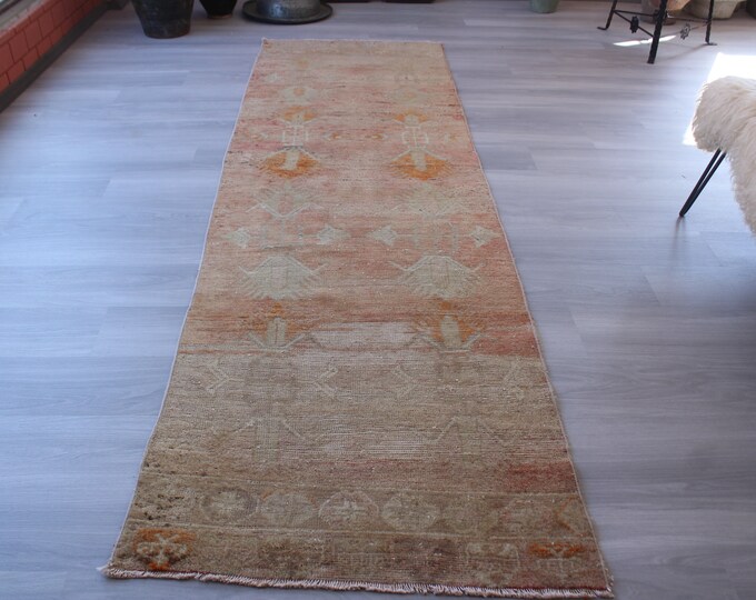 RUNNER , Vintage Oushak Rug Runner, Vintage Rug Runner, Turkish Rug Runner, Distressed Rug Runner, Peachy Pink-Beige Coloured Runner