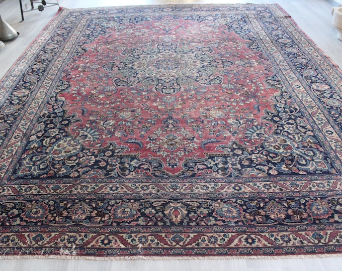 10'x12'8" ft  Vintage Rug, Large Area Rug, Large Turkish Rug, Vintage Hereke Rug, Large Red-Blue Rug, Classic Design Rug, Turkish Area Rug