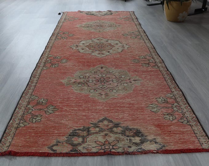 3'x 7'7''  Pale Red Runner , Vintage Konya Runner Rug, Vintage Turkish  Low Piled Runner Rug /  B-395