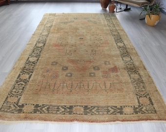 Vintage Anatolian Rug,  Sandy Beige Hand spun Wool Rug  / 5'2"X10' feet / B-413