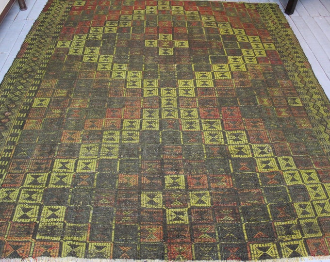 6'5"x7'0" Vintage Green Kilim Rug, Ethnic Green Area Kilim,BOhemian Handwoven Wool Kilim Rug, Turkish Kilim Rug