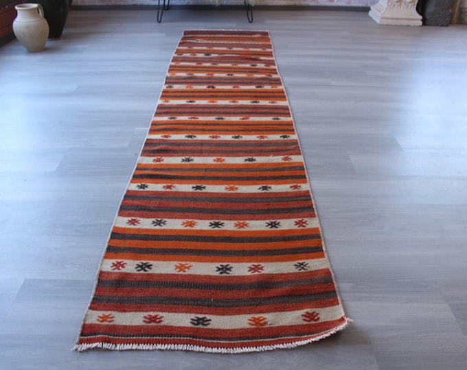 Striped Ethnic Runner, Ethnic Kilim Runner, Bohemian Runner, Striped Kitchen Runner, Vintage Kilim Runner / N-1066 /