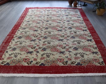 Large Floral Rug , 6'7x10 Vintage Floral Low Piled Handwoven Turkish Rug / B-717