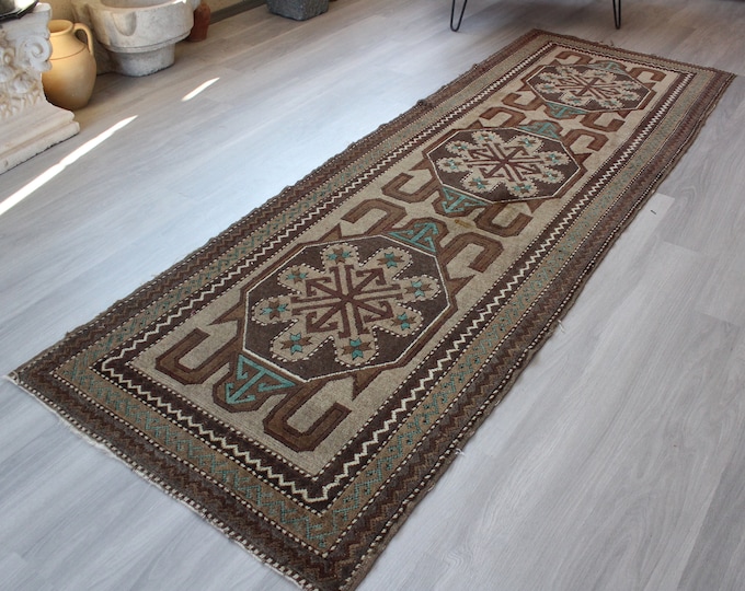 Vintage KARS  RUNNER, Vintage Oushak Runner, Turkish Brown-Beige- Blue  Bohemian Handwoven Wool Rug Runner / B-122 / 3'x9'2" feet