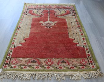 Vintage Red Rug With Chandelier, 2'5''x3'8''  Small Handwoven  Piled Rug / B-174
