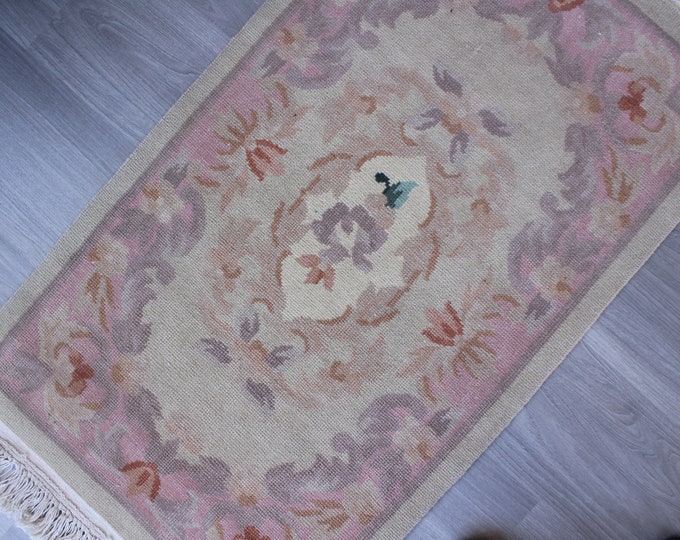 Small Oushak Rug, Small Turkish Rug, Small Floral Rug, Small Bathroom Rug, Wool Doormat, Handwoven Door Mat