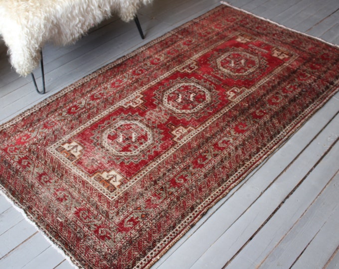 3'8"x7' ft   Vintage Rug,  Turkoman Red Rug, Red Area Rug, Tribal Handwoven Wool Rug