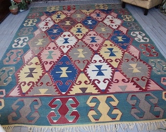Vintage Turkish Milas Kilim Rug, Bohemian Ethnic Coloured Kilim Rug, Handwoven  Large  Wool Kilim