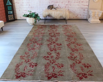 4'8"x8'3" Vintage Oushak Rug,  Pale Greenish Gray Rug , Anatolian Rug, Low Piled Turkish Rug, Vintage Area Rug, Retro Rug / B-1224