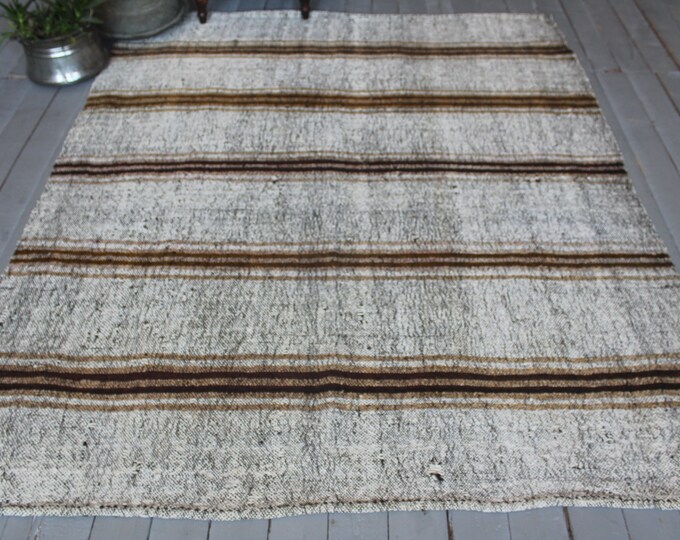 4'7"x5'5"ft Vintage Gray Striped Anatolian Kilim Rug, Bohemian Kilim, Ethnic GRAY Kilim, Turkish Handwoven Wool Kilim
