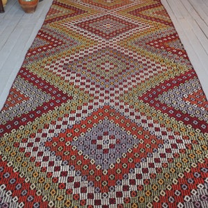 4&#39;2&quot;x9&#39;7&quot; ft RUNNER , Vintage Wide Kilim Runner,Ethnic Bohemian Handwoven Wool Geometric Design Kilim Runner