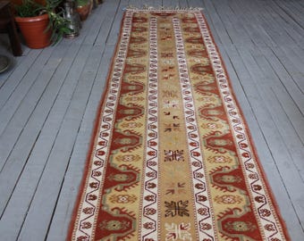 2'6"x9'0" Vintage Rug Runner, Turkish Wool Handwoven Hallway Carpet Runner,Beige Rug Runner
