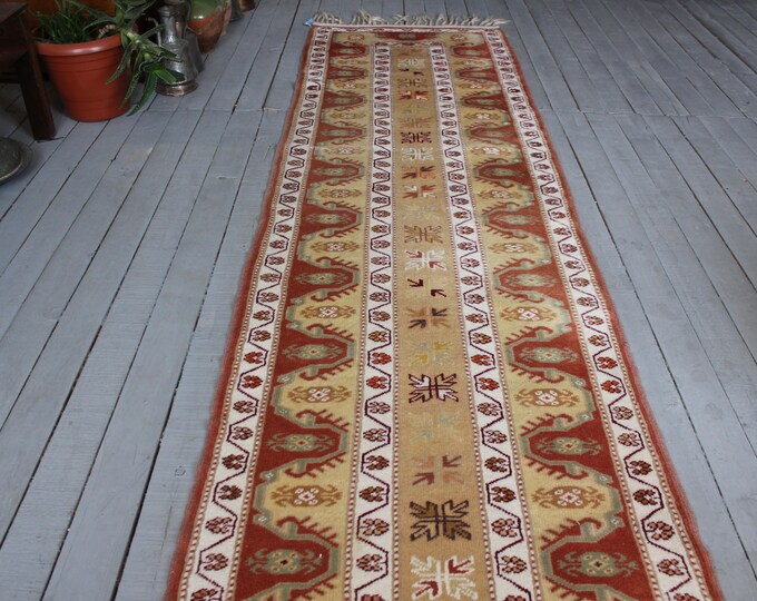 2'6"x9'0" Vintage Rug Runner, Turkish Wool Handwoven Hallway Carpet Runner,Beige Rug Runner