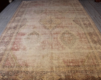 7'4"x11'5" ft  Vintage  Large Oushak Rug, Turkish Large Area Rug, Distressed Low Piled  Beige Powder Pink  Oushak  Rug