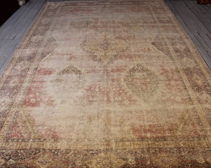 7'4"x11'5" ft  Vintage  Large Oushak Rug, Turkish Large Area Rug, Distressed Low Piled  Beige Powder Pink  Oushak  Rug