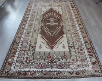 Brown-Cream Vintage Rug, Vintage Milas Rug, Bohemian Beige Handwoven Rug / B-1855 / 4'8''x8'8''