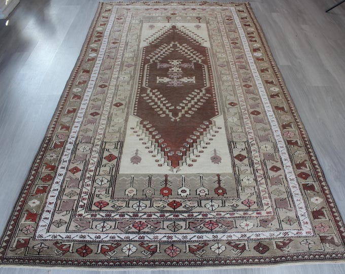 Brown-Cream Vintage Rug, Vintage Milas Rug, Bohemian Beige Handwoven Rug / B-1855 / 4'8''x8'8''