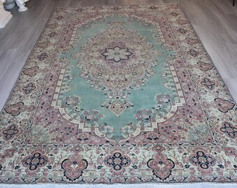 Mint Green Medallion Rug, Large Vintage  Rug, Vintage Oushak Rug / B-1839 / 6'6''x10'1'' inches
