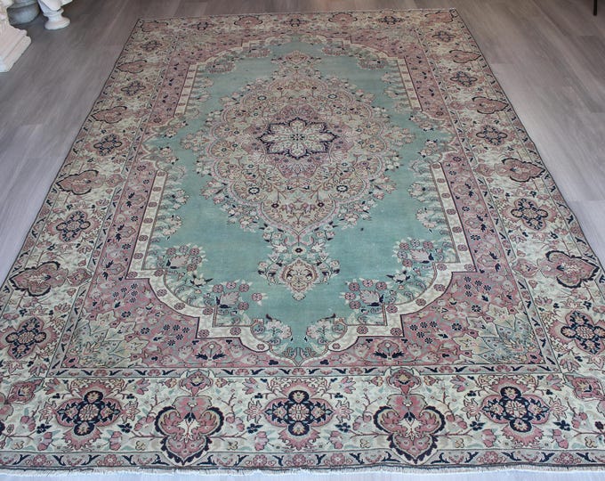 Mint Green Medallion Rug, Large Vintage  Rug, Vintage Oushak Rug / B-1839 / 6'6''x10'1'' inches