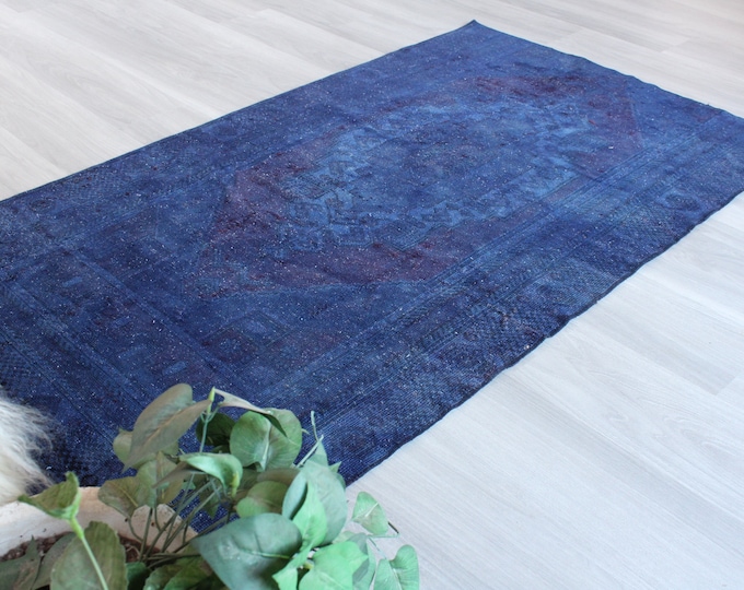 Vintage Blue Rug, Ethnic Blue Rug, Blue Anatolian Rug, Over dyed Turkish Rug / B-1371 / 3'5"x6'1"