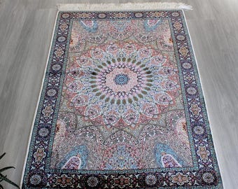 3'x4' Silk Rugs, Blue Silk Rug , 2'6"x4' Oriental Silk Rug,  Small  Medallion Silk Rug , Silk Wall Hanging Rug, Silk Rug Tapestry / B-1765