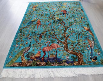 Blue Silk Rug, 3'9''x5'9'' , Botanical Silk Rug , Handwoven Silk Carpet 4'x6' silk rugs / B-1093