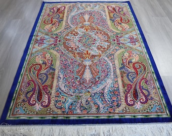 4'x6' Silk Rug, Paisley Blue Handwoven Silk Rug / B-1920