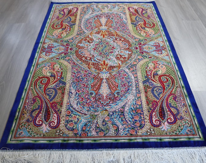 4'x6' Silk Rug, Paisley Blue Handwoven Silk Rug /  B-1920