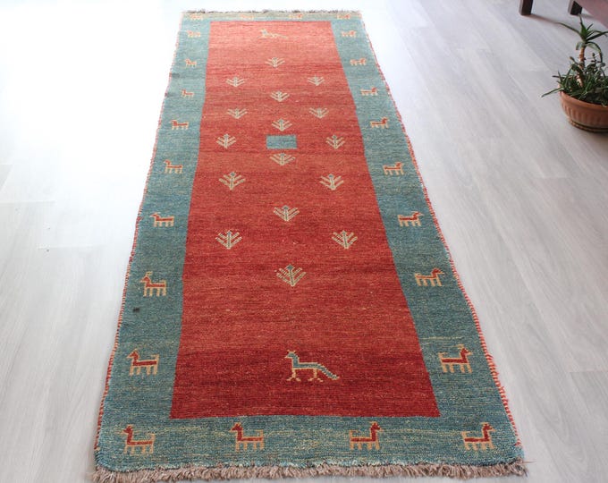 Red Bohemian Runner, Handwoven Rug Runner, Scandinavian Style Runner / B-1881 / 3'x9'3''