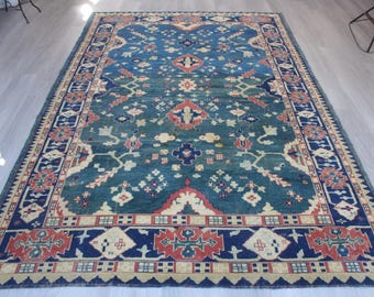 Blue - Green Shirvan Rug, Vintage Blue Rug, Bohemian , Teal Green Handwoven Wool Rug / B-1890 /