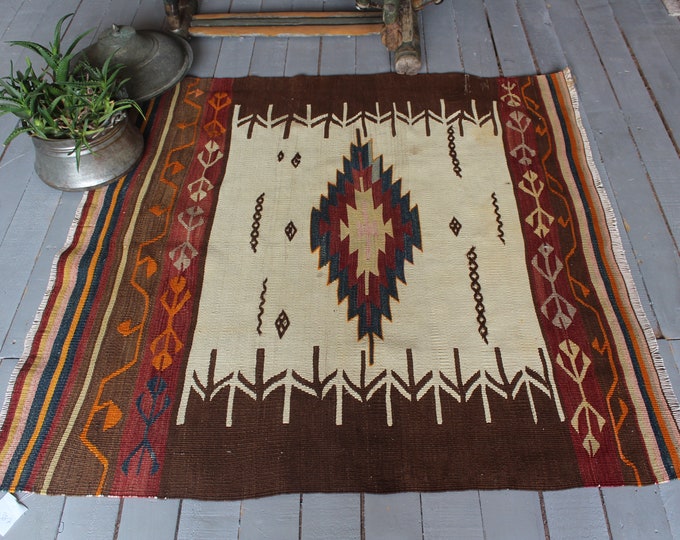 3'6"x3'8" ft  Vintage Aztec Design Kilim Rug, Bohemian Beige-Terra Cotta Kilim Rug, Ethnic Kilim Rug, Turkish Anatolian Kilim Rug